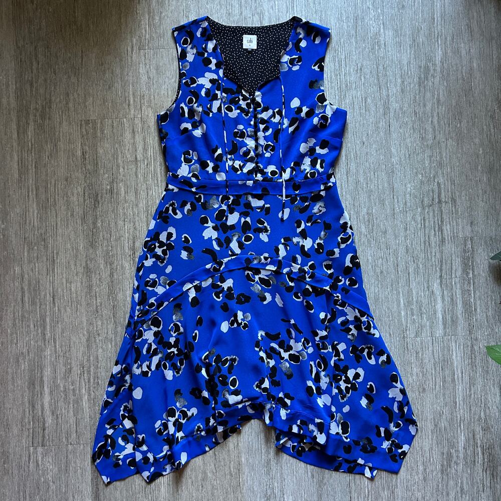 CAbi Blue/Black/White Floral Polka Dot V-Neck Sleeveless Midi Dress Size Medium